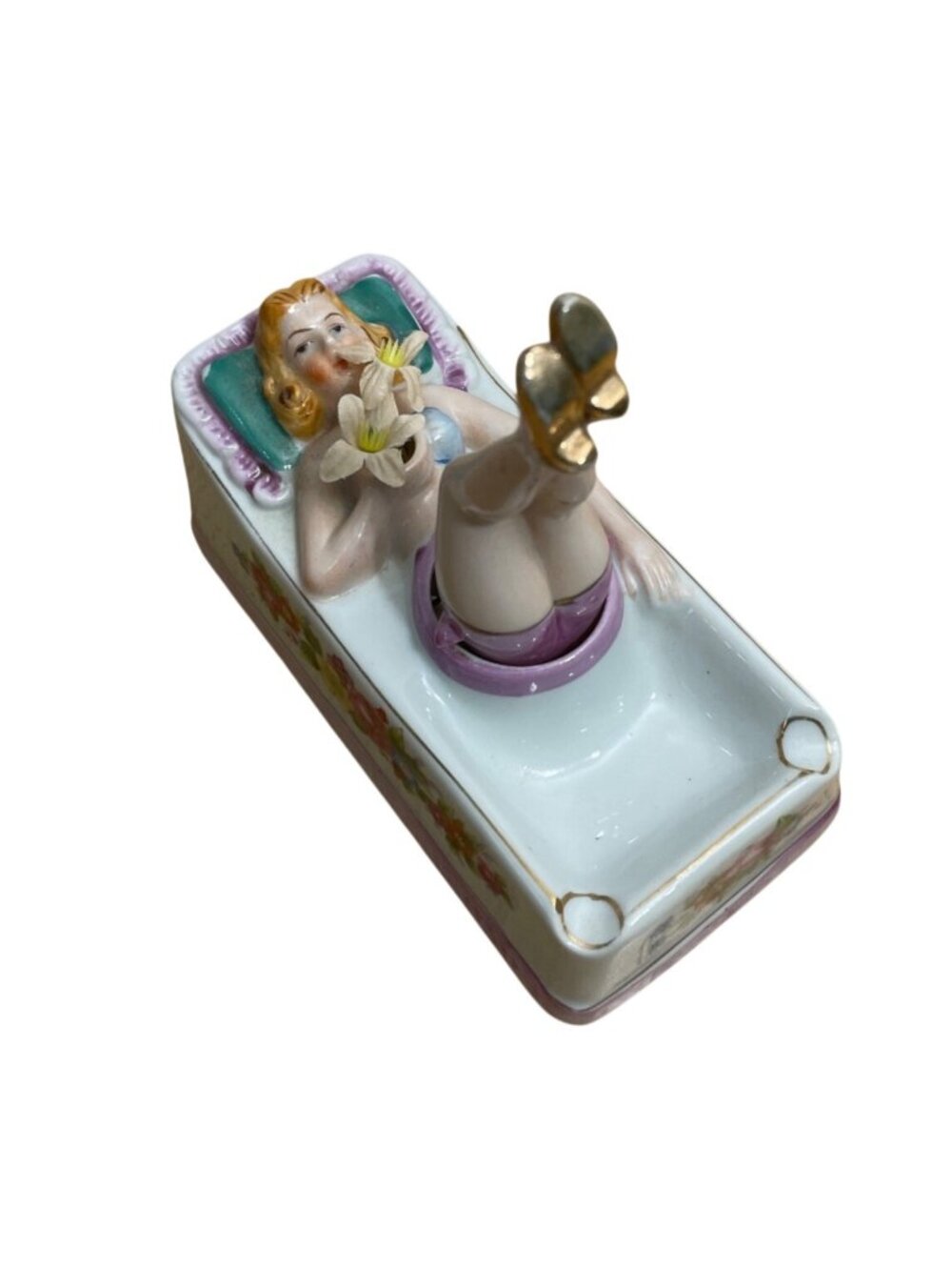 Vtg Naughty Nodder 1930s Porcelain Ashtray Reclining Woman Swinging Legs VIDEO